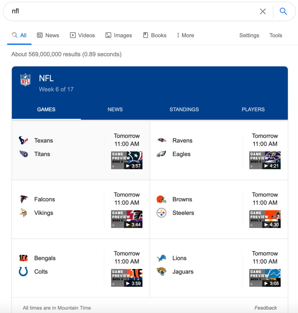 screenshot of SERP showing NFL results due to semantic search