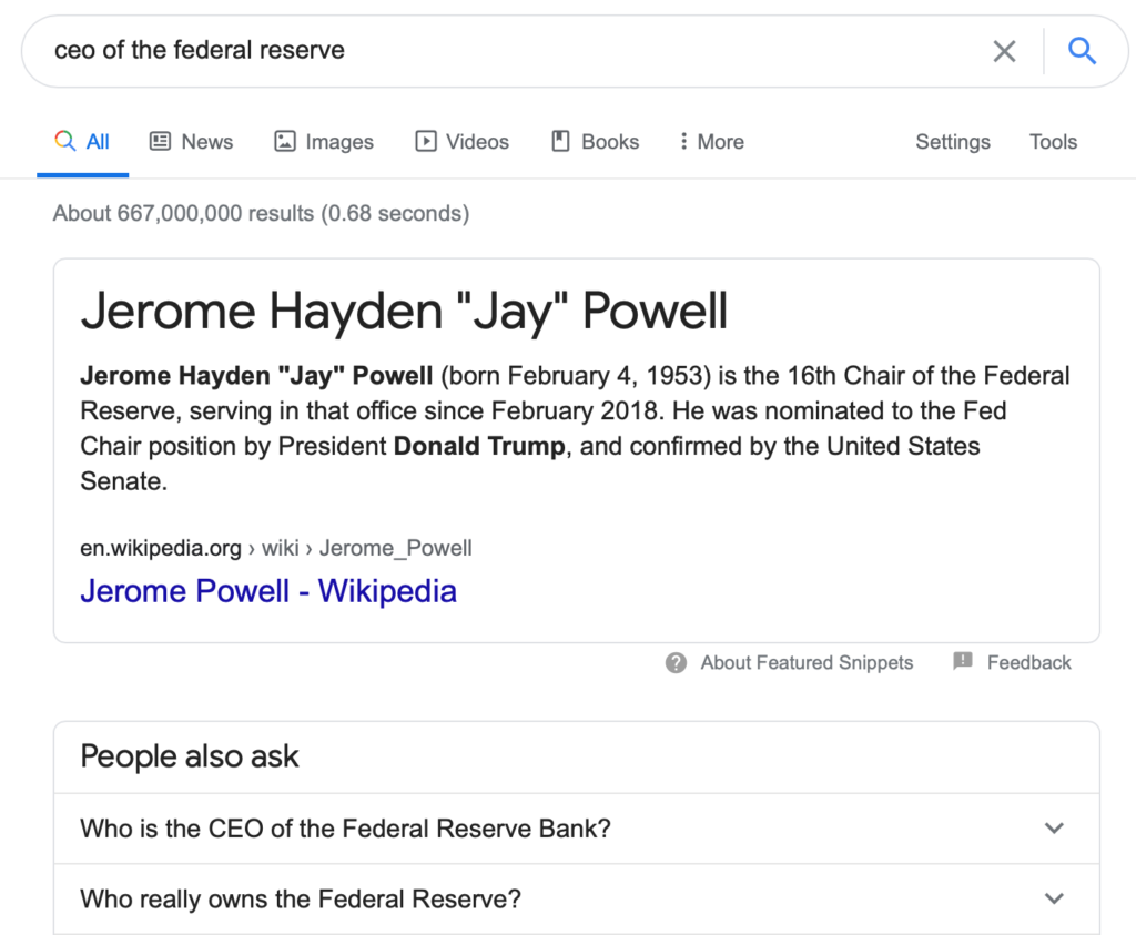 semantic search showing results for CEO of federal reserve 