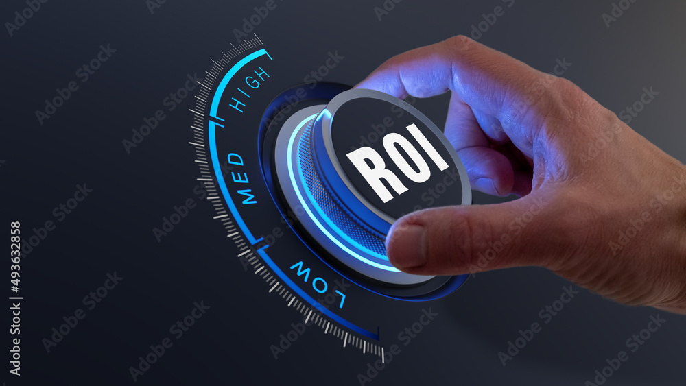 ROI Return On Investment boost concept with person choosing to increase financial asset portfolio performance and improve profitability. Enhance capital efficiency.