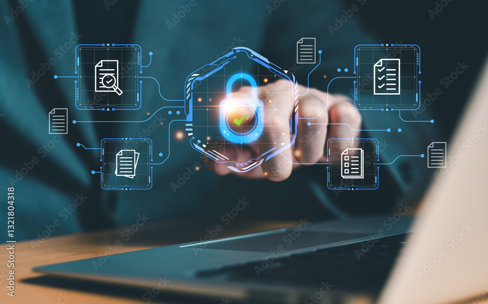 hand using laptop with secure online technology data policy . Customer data privacy concept that allow web browser to collect user data to resell or use for marketing purpose