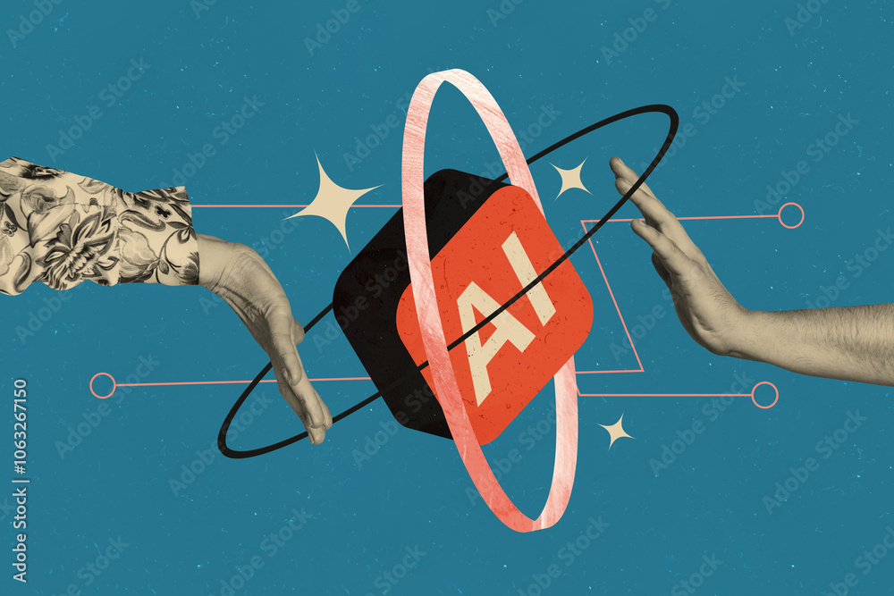 Composite trend artwork sketch image collage of intelligence assistant creative device internet icon ai hand gesture showing hold contact