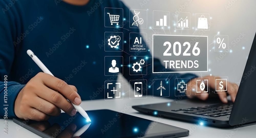 Man analyzing 2026 trends using digital devices.