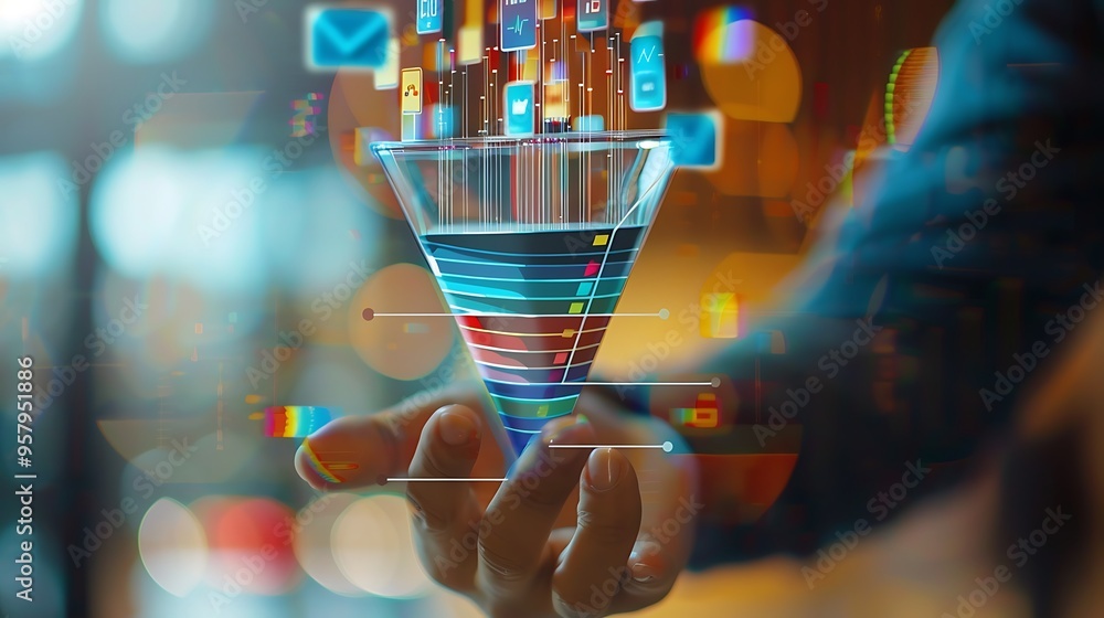 Person holding a digital marketing funnel with icons of digital marketing elements for the Concept of converting sales process prospects into customers.