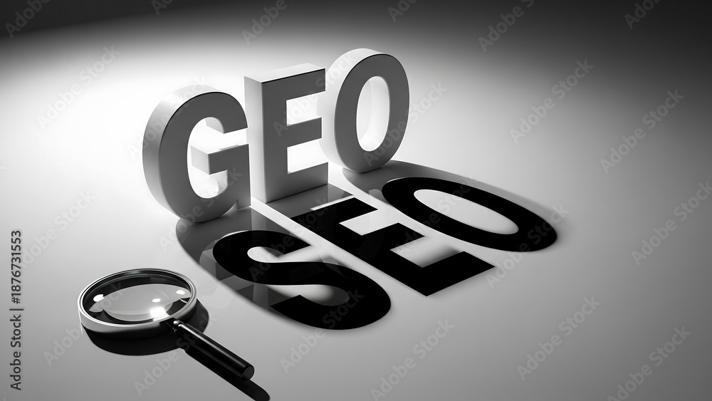geo seo optimization concept. 3d white geo text with seo shadow and magnifying glass for local aeo consultants