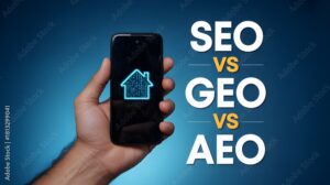 Hand holding a smartphone displaying a house icon, with text comparing seo, geo, and aeo, representing digital marketing and locationbased search strategies