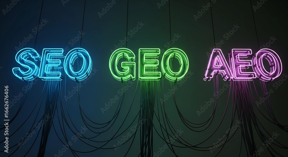 SEO, GEO, AEO Neon Signs: Digital Marketing and Technology Concepts with Vibrant Lights